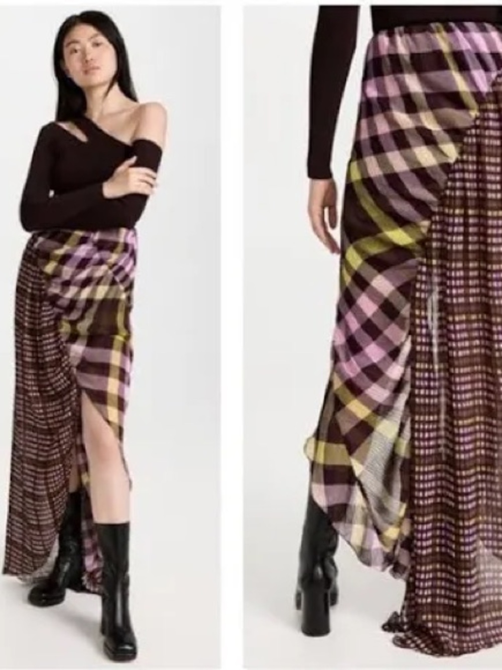 Asymmetrical Pleated Maxi Skirt in Purple, Pink & Yellow